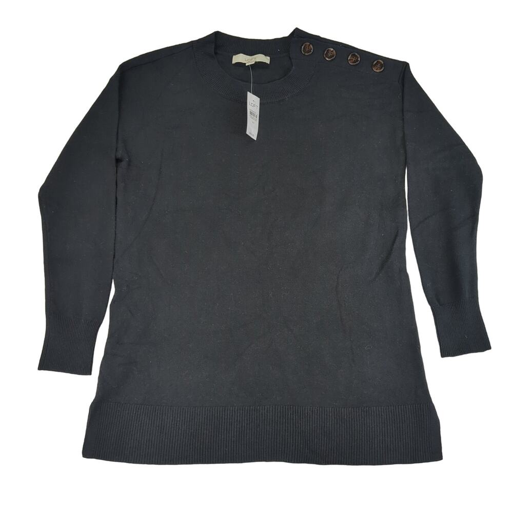 LOFT Button Shoulder Tunic Sweater Black Crewneck Women's XS Cotton Stretch